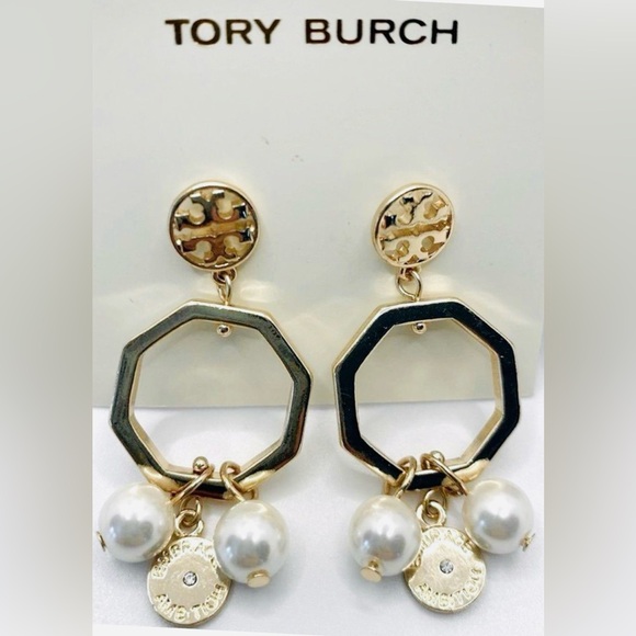 Tory Burch Gold Hexagon Earrings with Pearls NWOT Dust Bag NWOT Retail $158 Rare - Picture 5 of 5